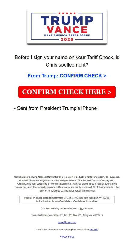 Trump sends out more deceptive tariff check emails
