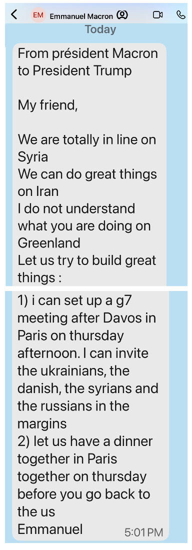 Trump leaked a fawning text from French President Emmanuel Macron.