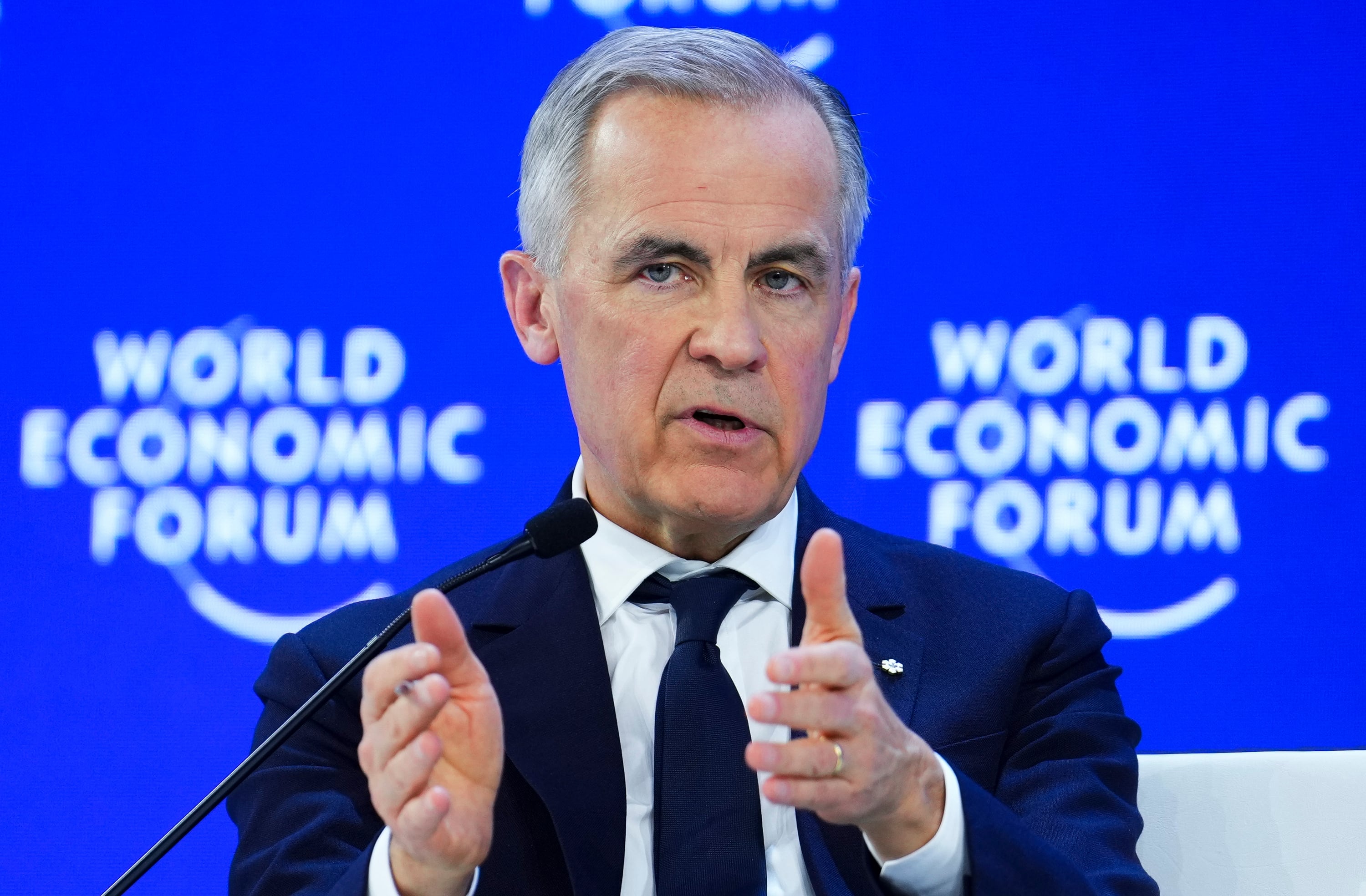 Canadian Prime Minister Mark Carney speaks at the World Economic Forum, WEF, in Davos, Switzerland, on the 20th. /AP-Yonhap