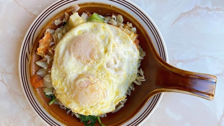 Overhead view of breakfast skillet at Alexander's