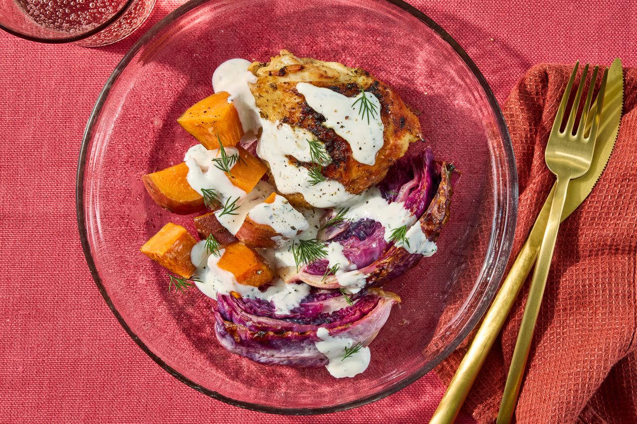 Image of Sheet-Pan Chicken Thighs with Red Cabbage & Potatoes