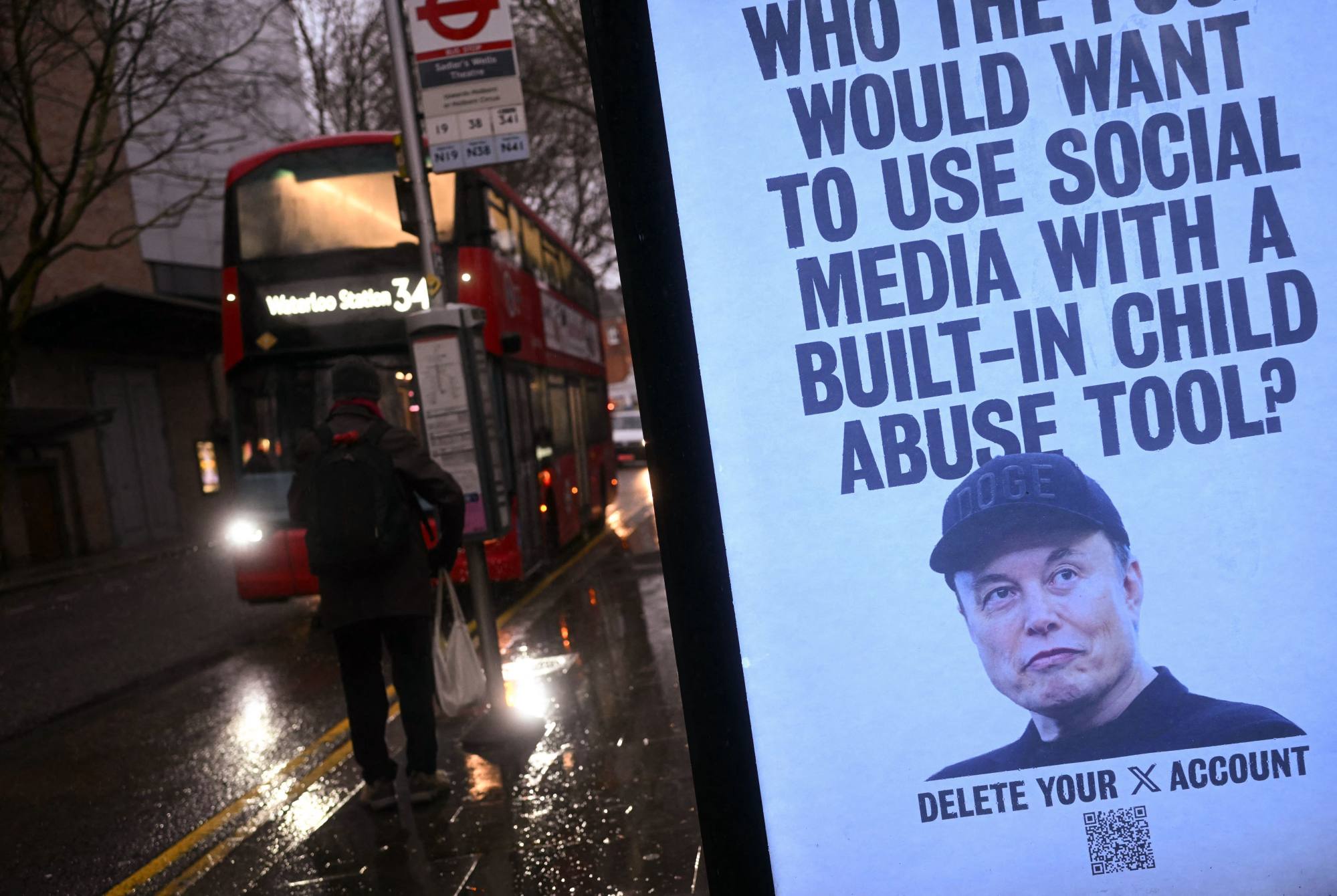 A poster at a bus stop in London featuring an image of US tech billionaire Elon Musk calling for users of his X social media platform to delete their accounts due to the AI chatbot Grok's image-creation feature. Photo: AFP