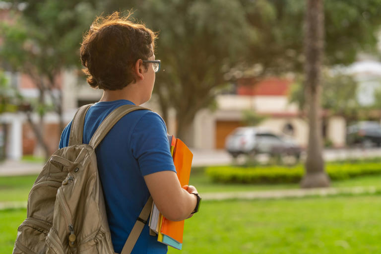 Rear view photo with copy space of a latin school boy backing to school