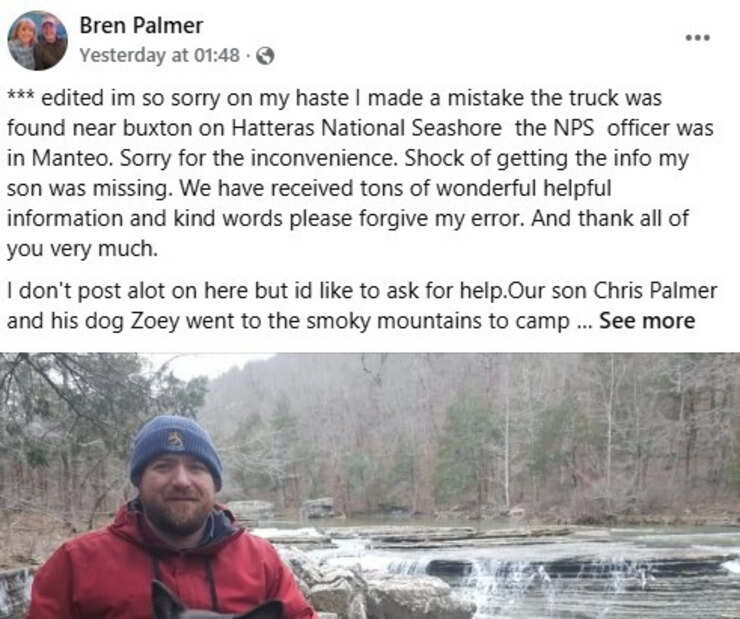 Facebook | @BrenPalmer | Search Continues for Missing Camper Chris Palmer