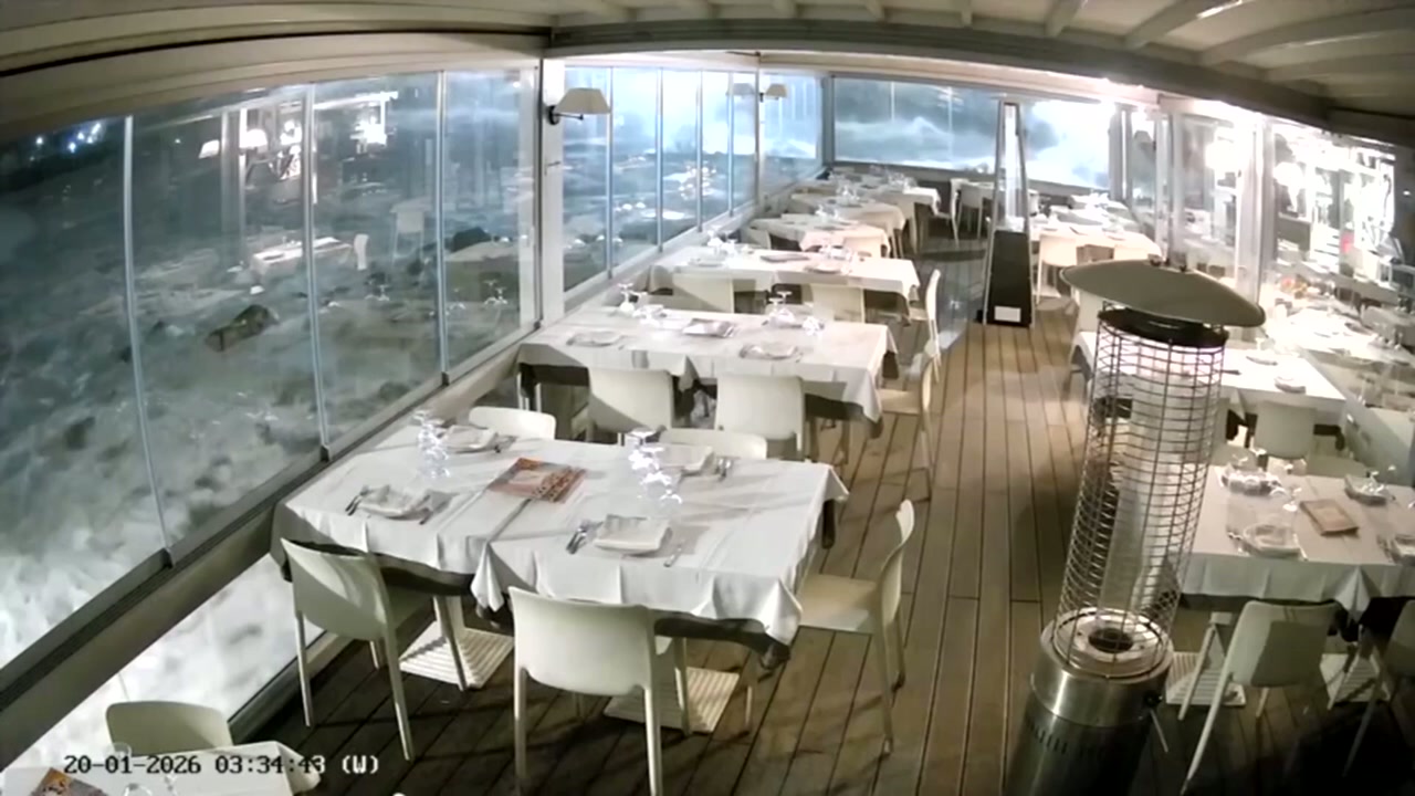 Storm surge floods dining room of Italian seafront restaurant<br><br>