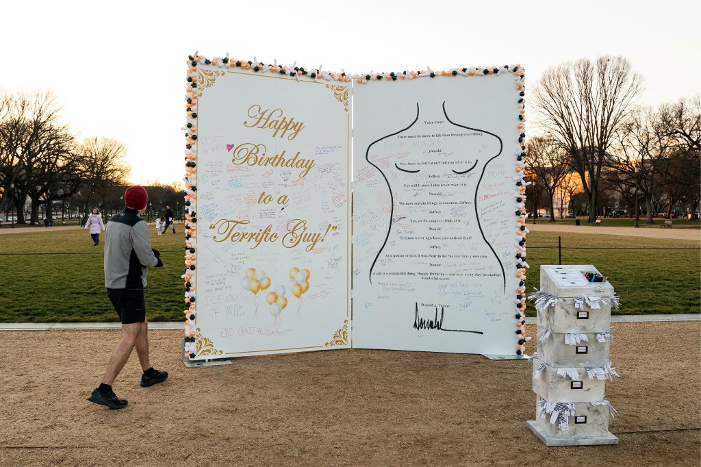 Trolls mark Jeffrey Epstein’s birthday with massive replica of Trump’s card