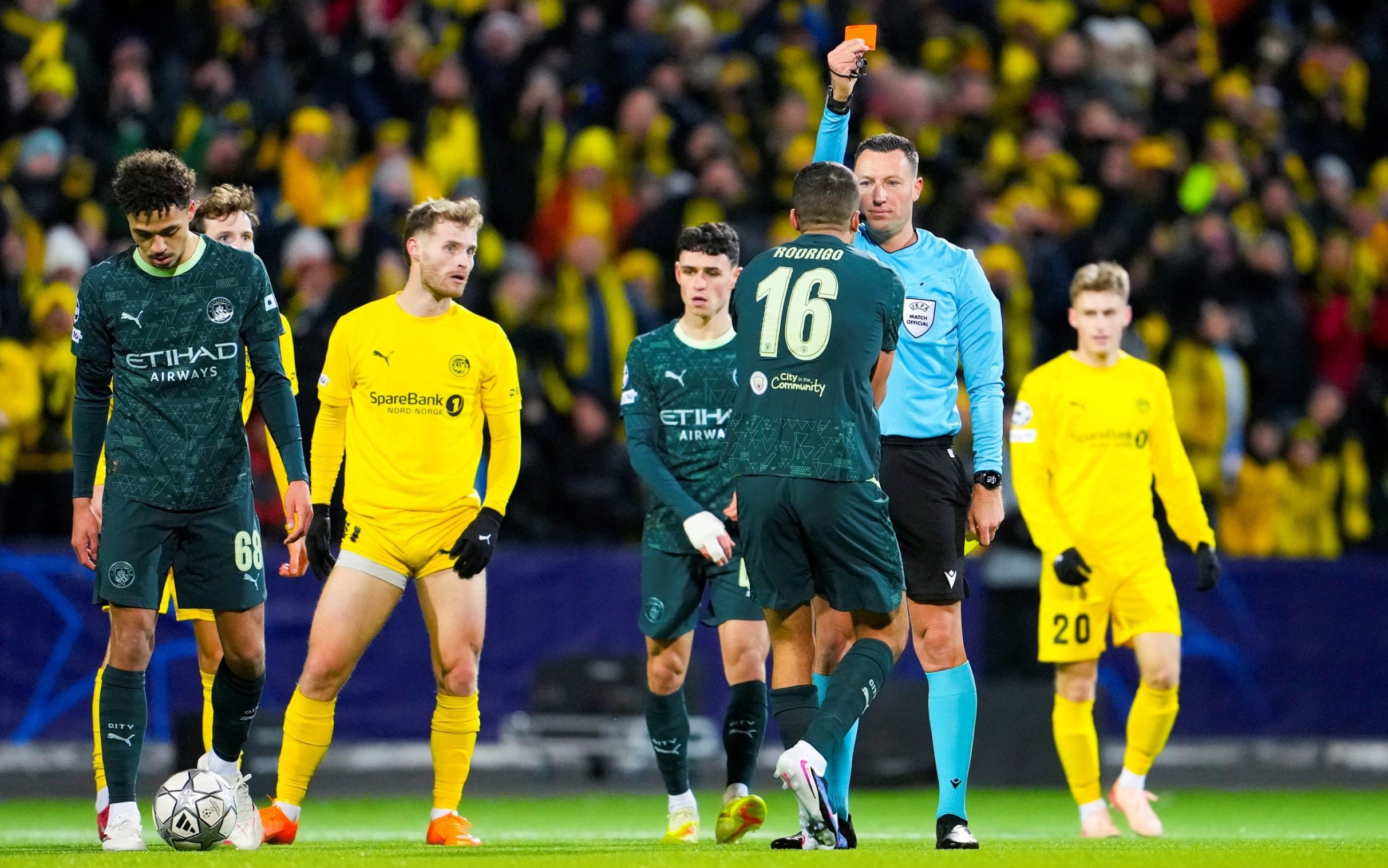 Rodri was sent off on Tuesday night after receiving two yellow cards within a minute - Reuters/Fredrik Varfjell