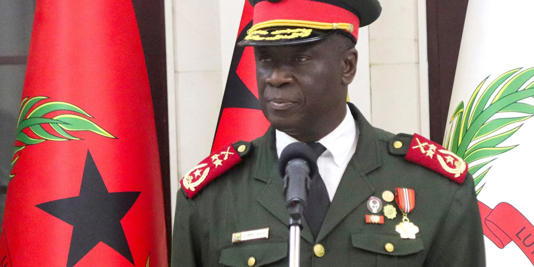 Major-General Horta Inta-a, the new transitional president, attends the swearing-in ceremony of Major-General Tomas Djassi in Bissau