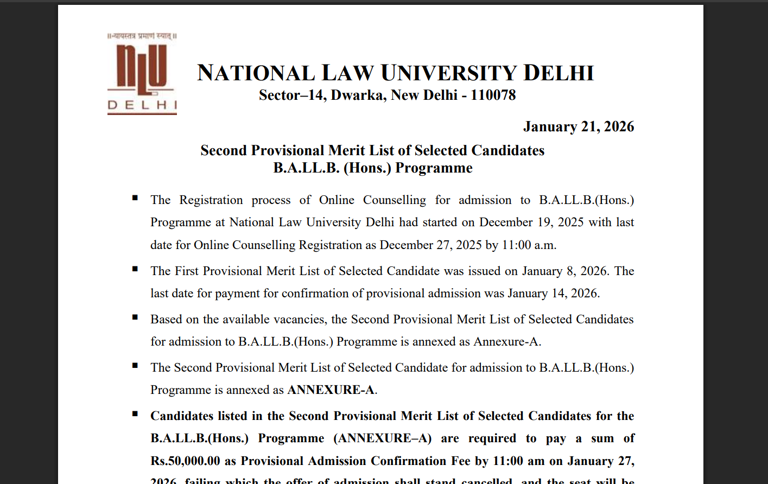 AILET 2026 2nd merit list released at nationallawuniversitydelhi.in ...