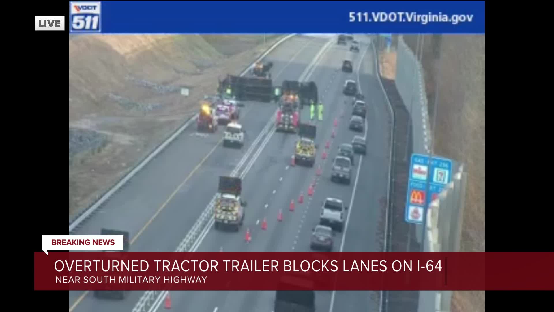 Overturned tractor trailer blocks lanes on I-64: VSP