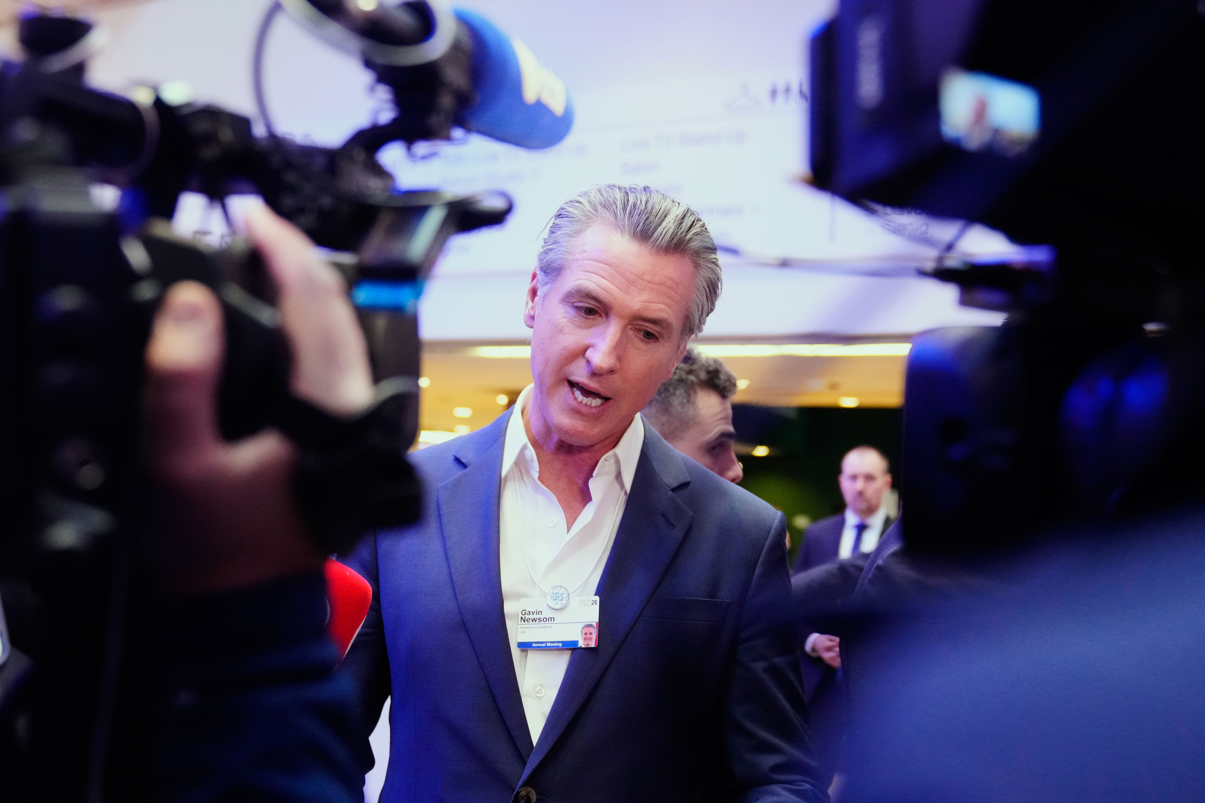 Gavin Newsom reacts after White House revokes his USA House entry at Davos<br>