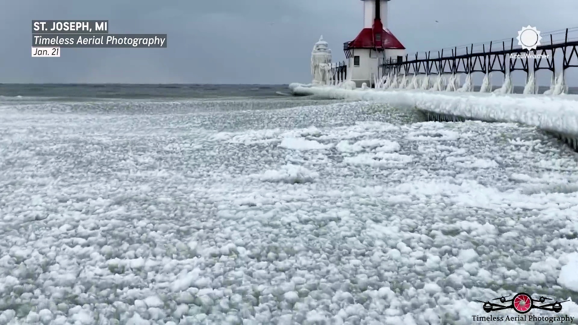 Majestic ice waves roll across Lake Michigan