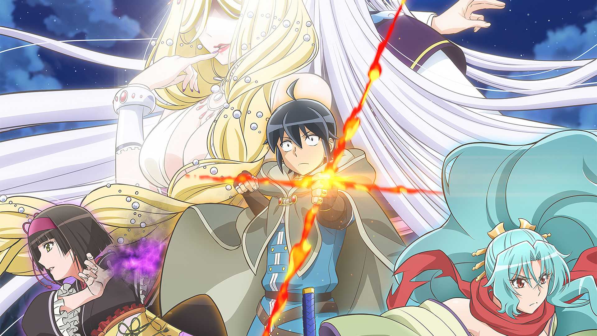 Tsukimichi's Misumi Makoto charging a flaming arrow with Tomoe and Mio by his side