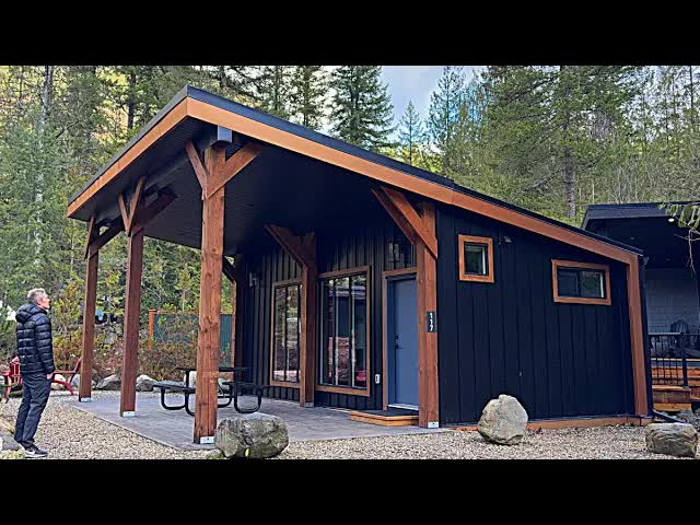 This 350 square foot prefab tiny home has a massive covered porch!
