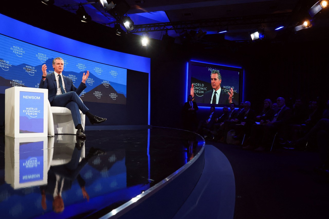 Newsom addressing an audience at the World Economic Forum on Thursday.