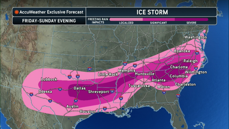 Extreme ice in the South and snow in the Northeast to cause major problems<br>
