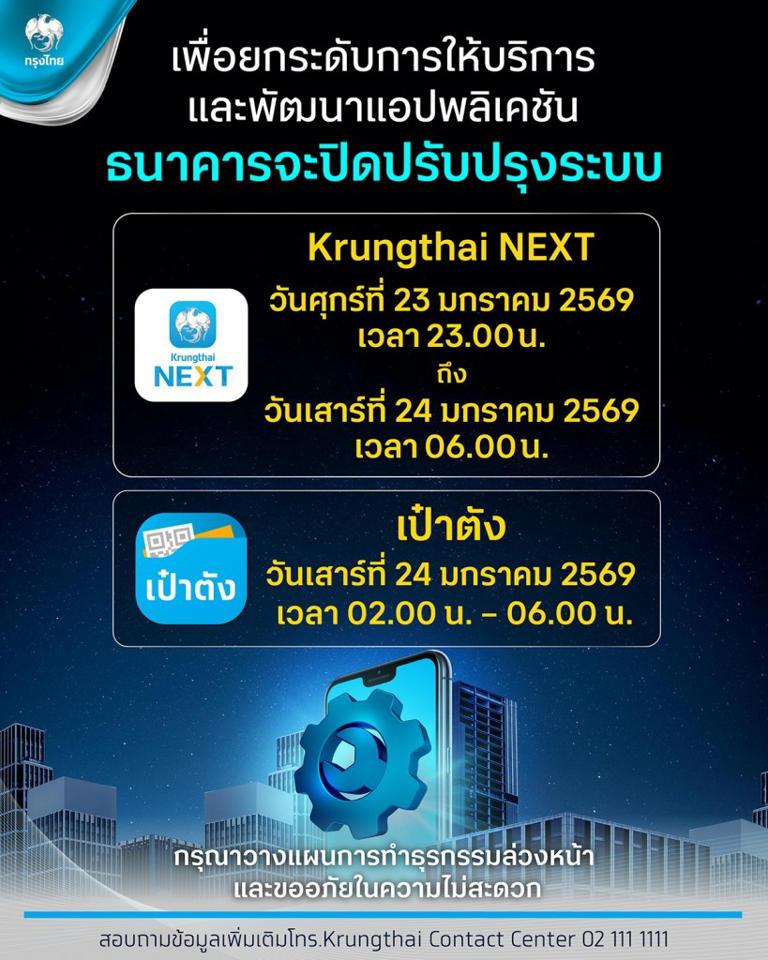 .ธนาคารกรุงไทย แจ้งข่าวถึงผู้ใช้แอปฯ Krungthai NEXT - เป๋าตัง.