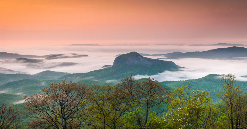 Looking Glass Rock at sunrise in Pisgah National Forest shrouded by morning fog.