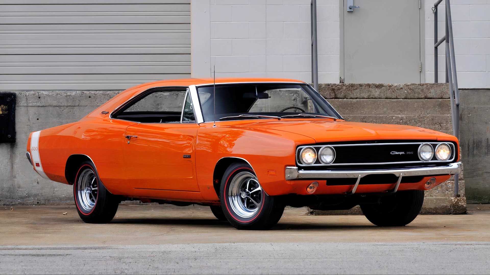 3/4 front view of orange 1969 Dodge Hemi Charger 500