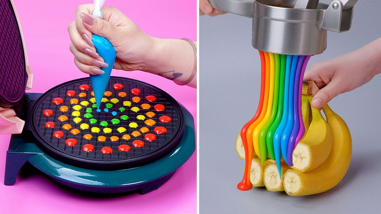 Rainbow waffle art and banana candy press