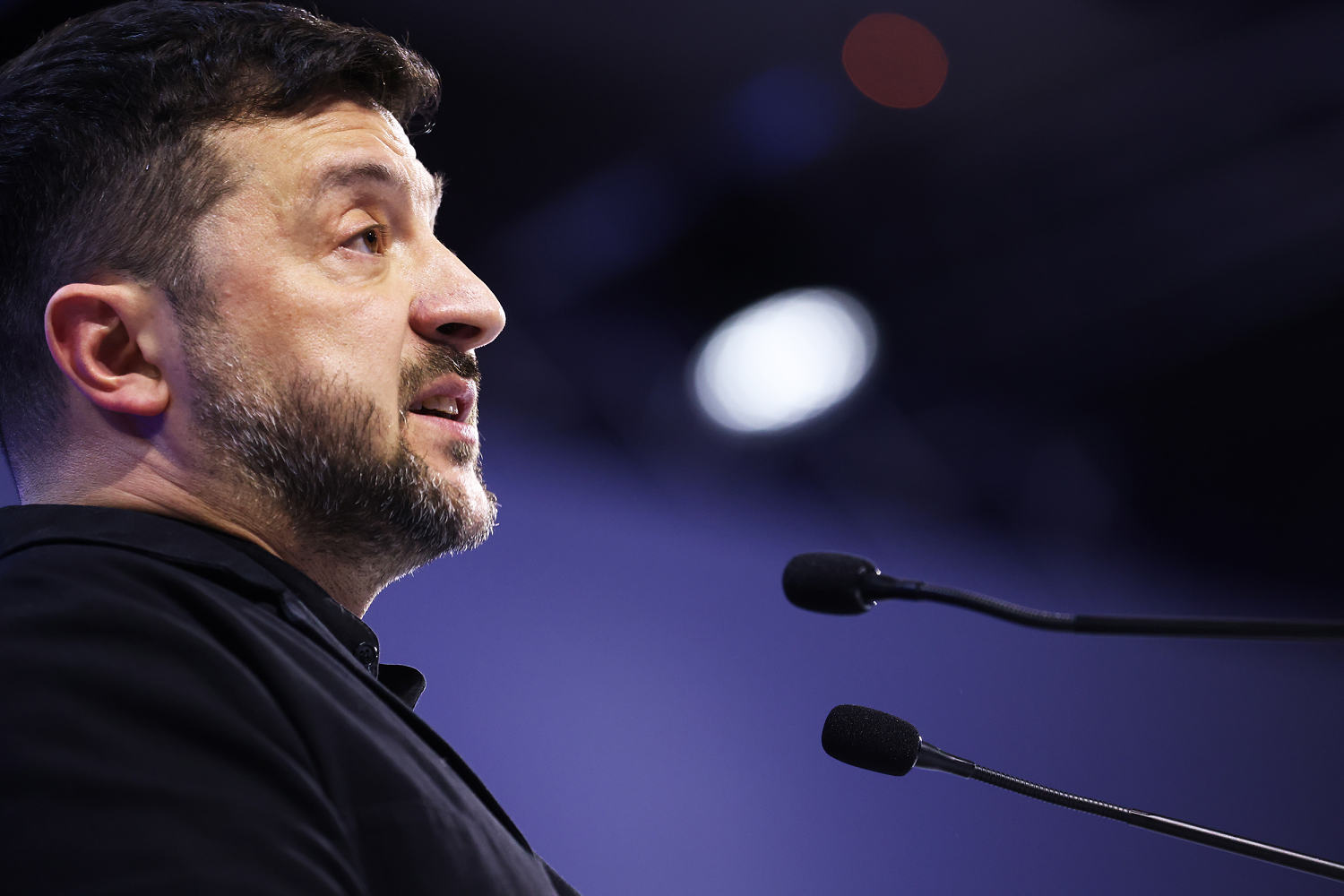 Zelenskyy delivered a fiery speech at the World Economic Forum in Davos. (Krisztian Bocs / Bloomberg via Getty Images)