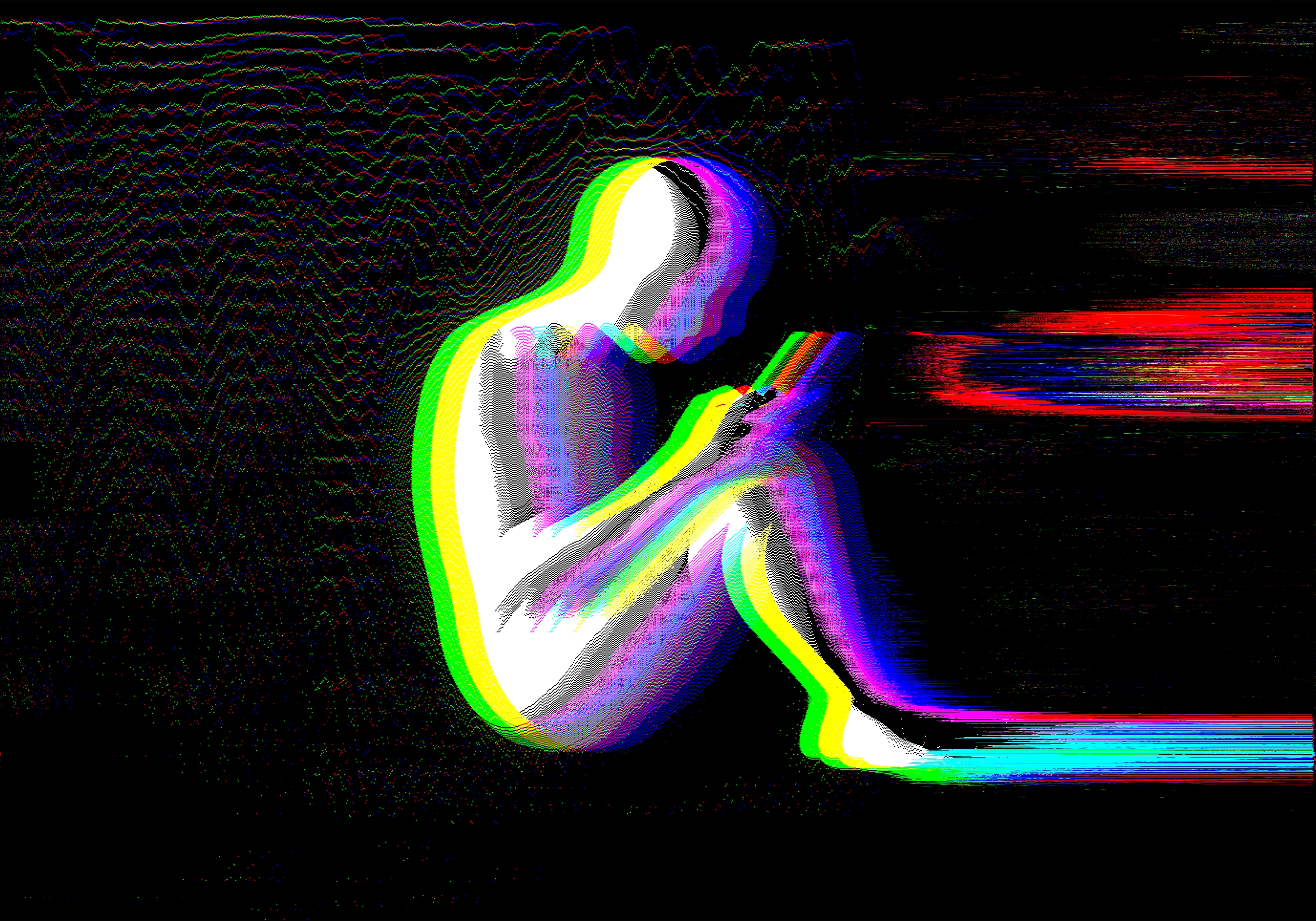 A digital artwork shows a seated silhouette figure, engrossed in a smartphone, with a glitchy, multicolor effect adding a dynamic feel