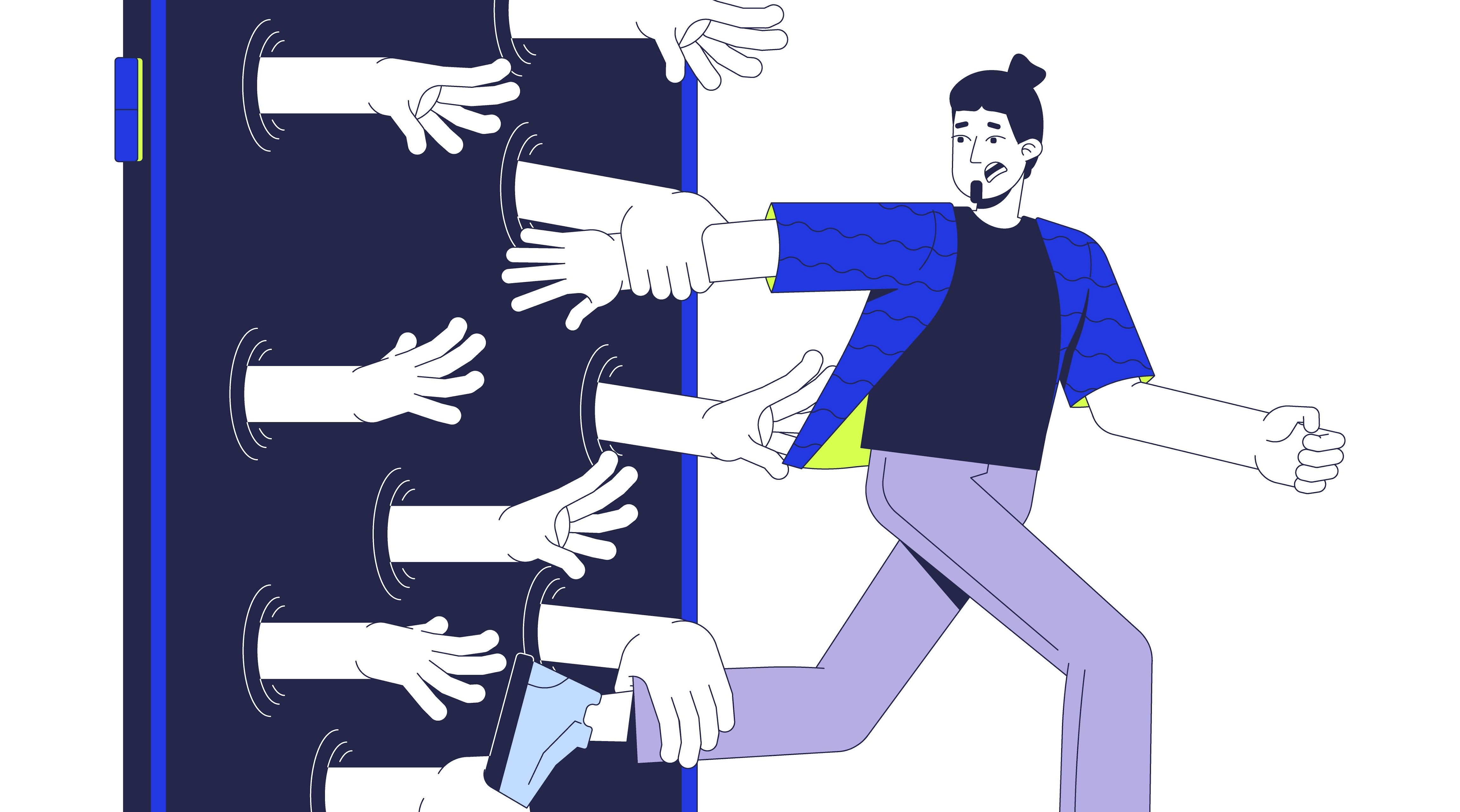 Person escaping a large smartphone screen as multiple cartoon hands try to hold them back, symbolizing digital overwhelm