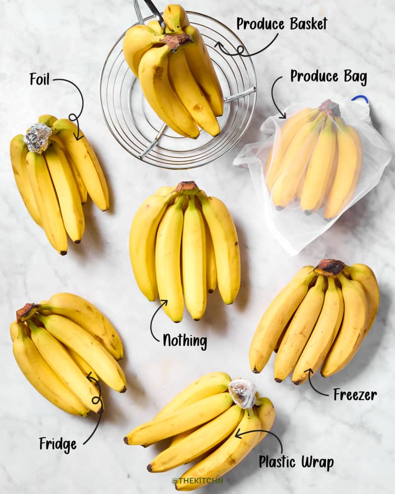 Bananas stored in various ways: foil, produce basket, bag, fridge, freezer, plastic wrap, and nothing.