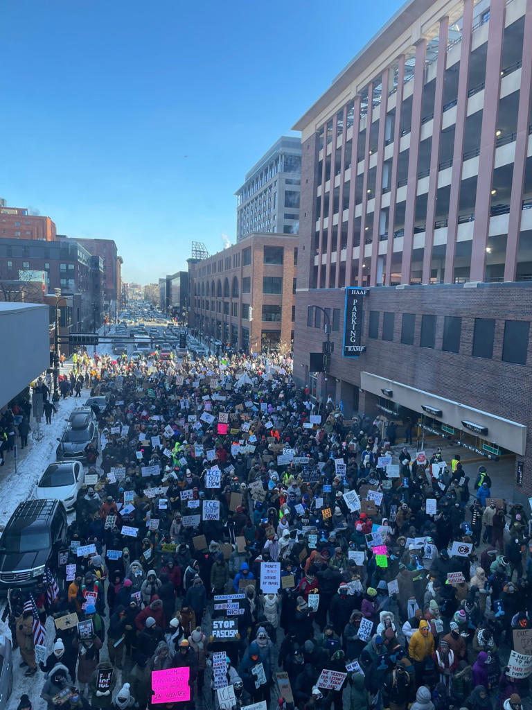 People protesting ICE in Minneapolis on Friday.