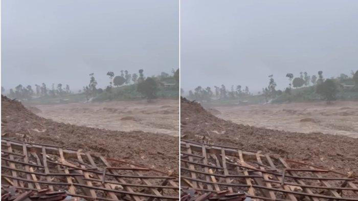 LONGSOR CISARUA - Bencana longsor dahsyat terjang Cisarua Bandung Barat, Sabtu (24/1/2026). Material Gunung Burangrang timbun puluhan rumah saat warga tidur. Terlihat aliran longsor seperti sungai cokelat. (Istimewa/instagram@infojawabarat)