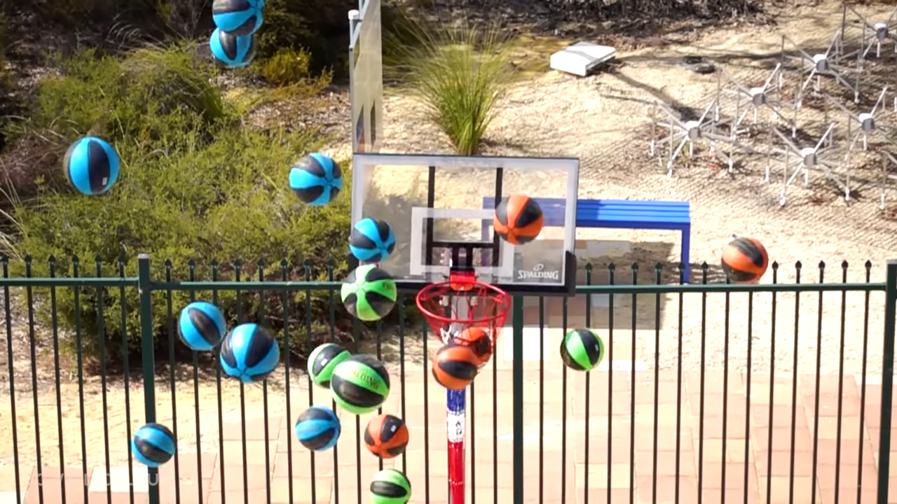Can 250 basketballs beat one hoop from 45m?