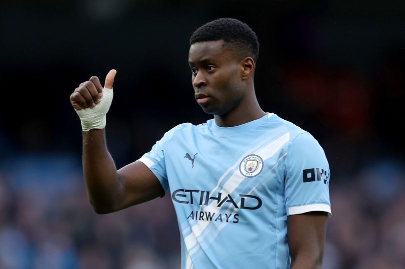 Marc Guehi of Manchester City gives a thumbs up during the Premier League match between Manchester City and Wolverhampton Wanderers