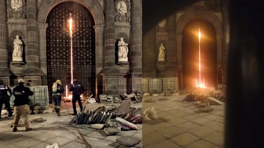Se incendia la puerta principal de la catedral de Puebla, autoridades ...