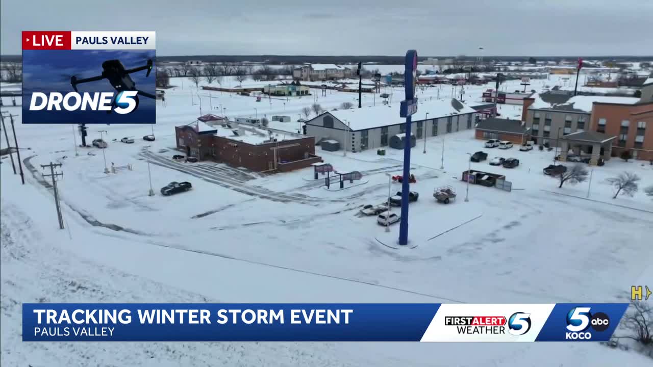 Watch: Drone 5 shows snow-covered roads and highways in Pauls Valley