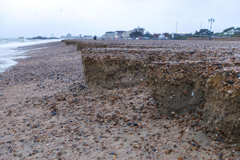 Intriguing mini 'cliffs' of shingle left on Southsea Beach as new sea ...