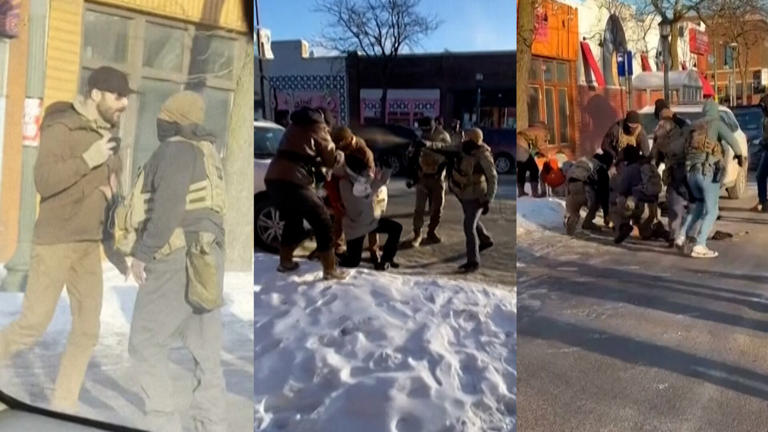 Capturas de diferentes vídeos del momento en el que agentes del ICE matan a tiros a Alex Prett, el sábado en Minneapolis.