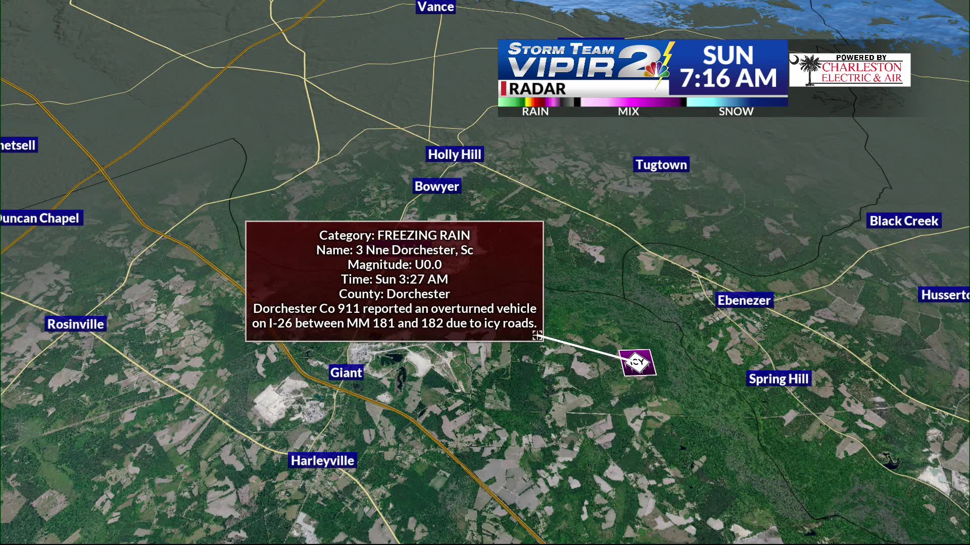 Overturned vehicle reported in Dorchester County due to icy road