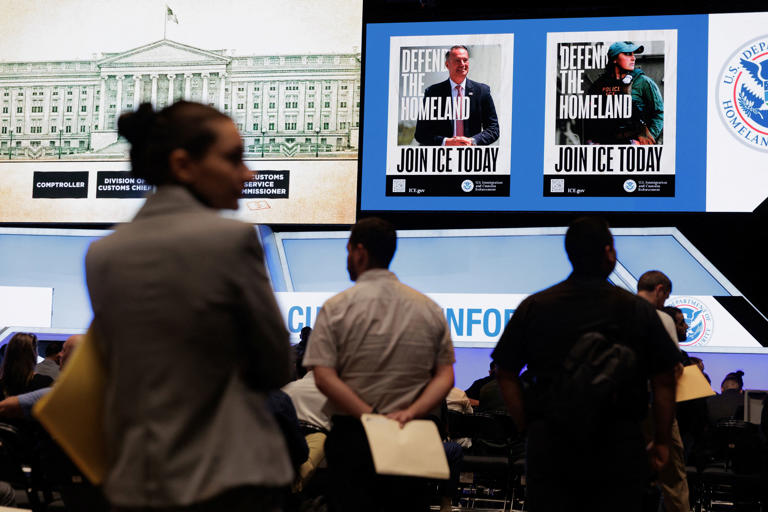 People attend an ICE job fair in Arlington, Texas, on Aug. 26, 2025.