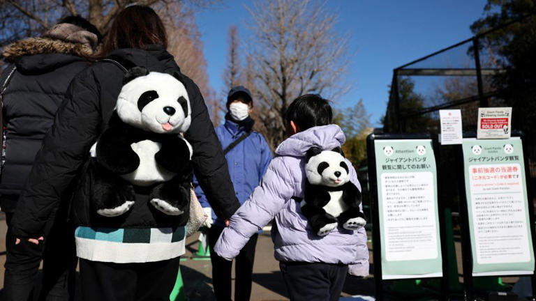 Visitors carry backpacks featuring giant pandas as they wait to see four-year-old giant pandas Xiao Xiao and Lei Lei, at Ueno Zoo during the last viewing day. - Issei Kato/Reuters