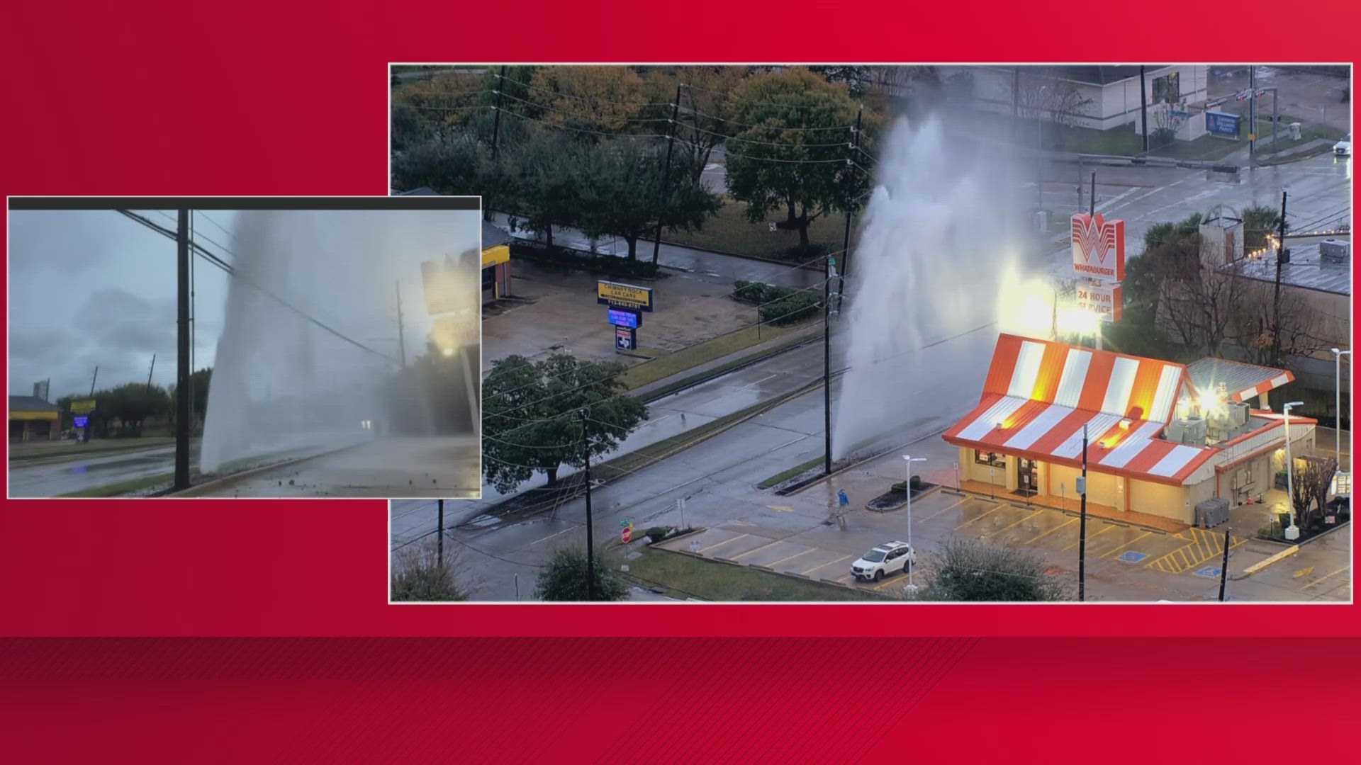Water shooting high into the air from an apparent broken water line in ...