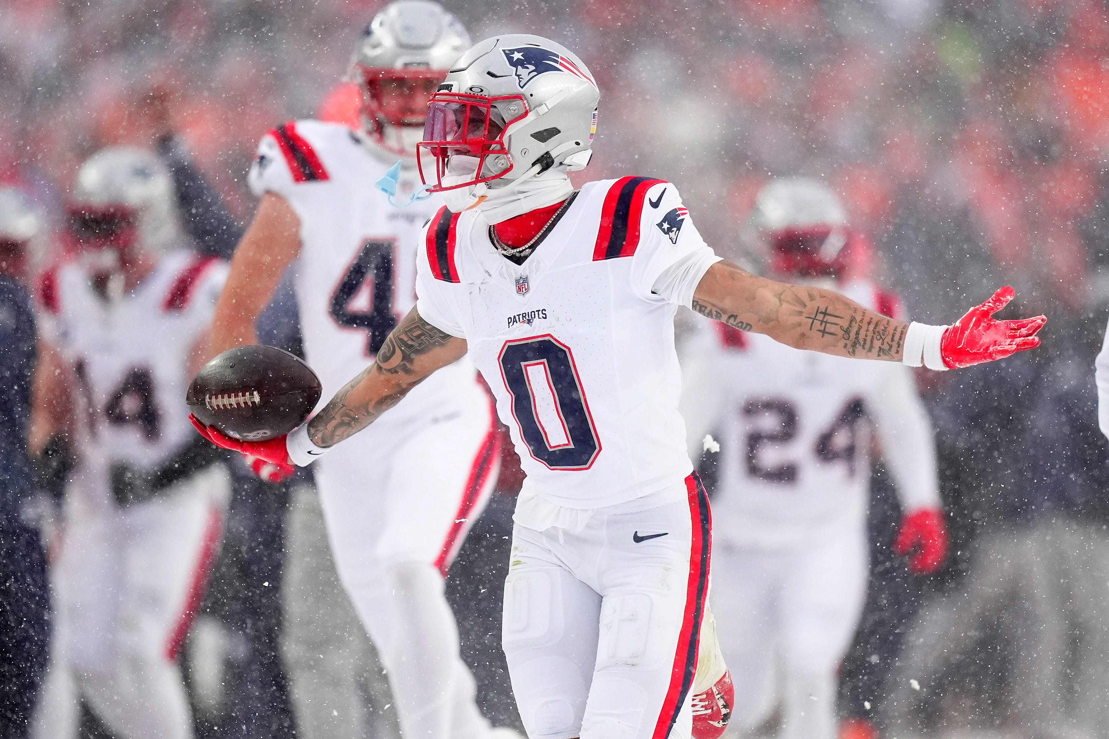 Christian Gonzalez reacts to clutch interception in AFC title game