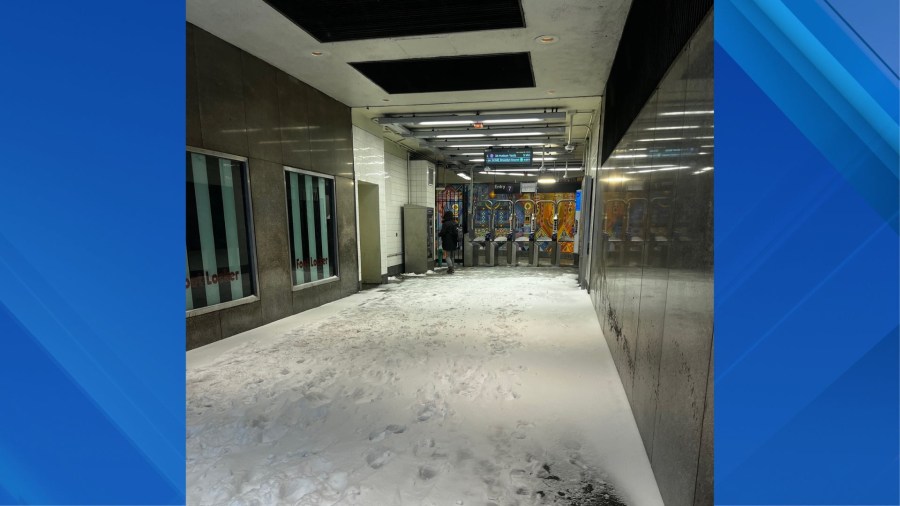 NYC subway entrance covered in snow amid snowstorm<br><br>