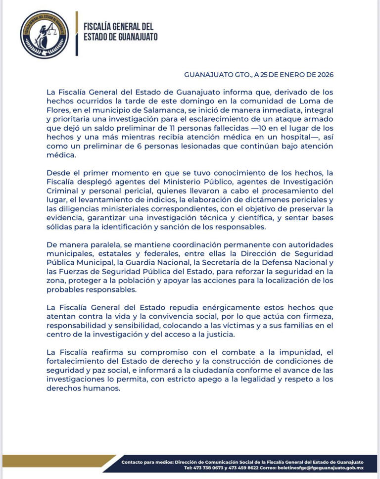 La Fiscalía de Guanajuato confirmó la muerte de 11 personas en la comunidad de Loma de Flores. FGG