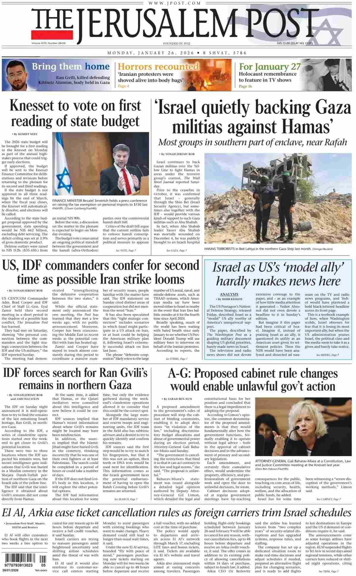 26 January 2026: 'Israel quietly backs Gaza militias against Hamas' and ...