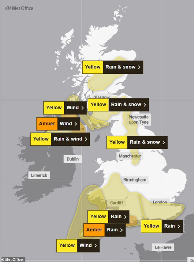 Britain to be hit by 80mph winds, heavy rain and snow tomorrow - as Met ...