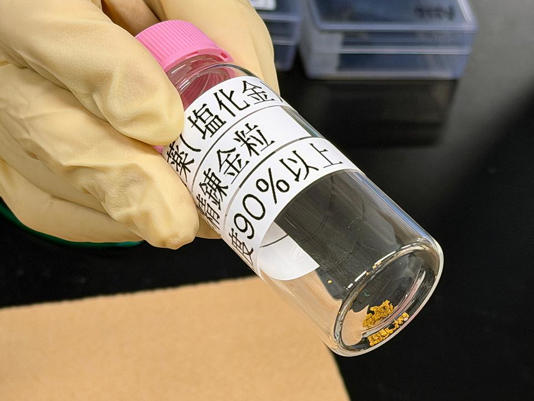 藻に付着した金を精錬した金粒。