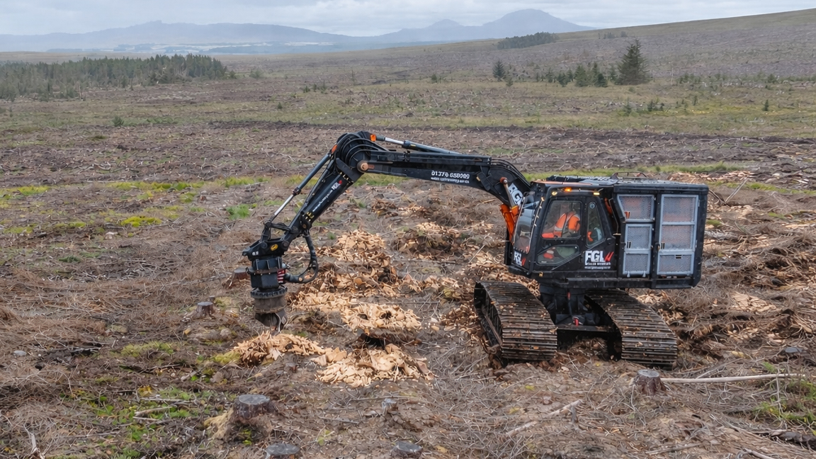 Bogmaster LGP with stump auger working in Scotland