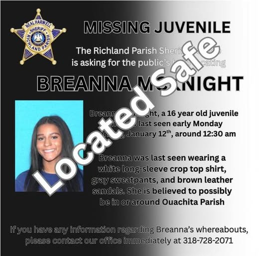Missing 16-year-old juvenile Breanna McKnight has been located safe