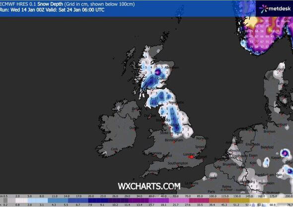 UK weather maps show huge 564-mile wall of snow from Glasgow to Norfolk