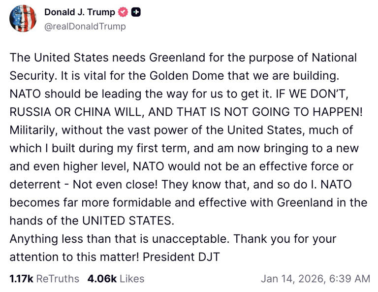 Trump rants that US needs Greenland to make NATO ‘more formidable
